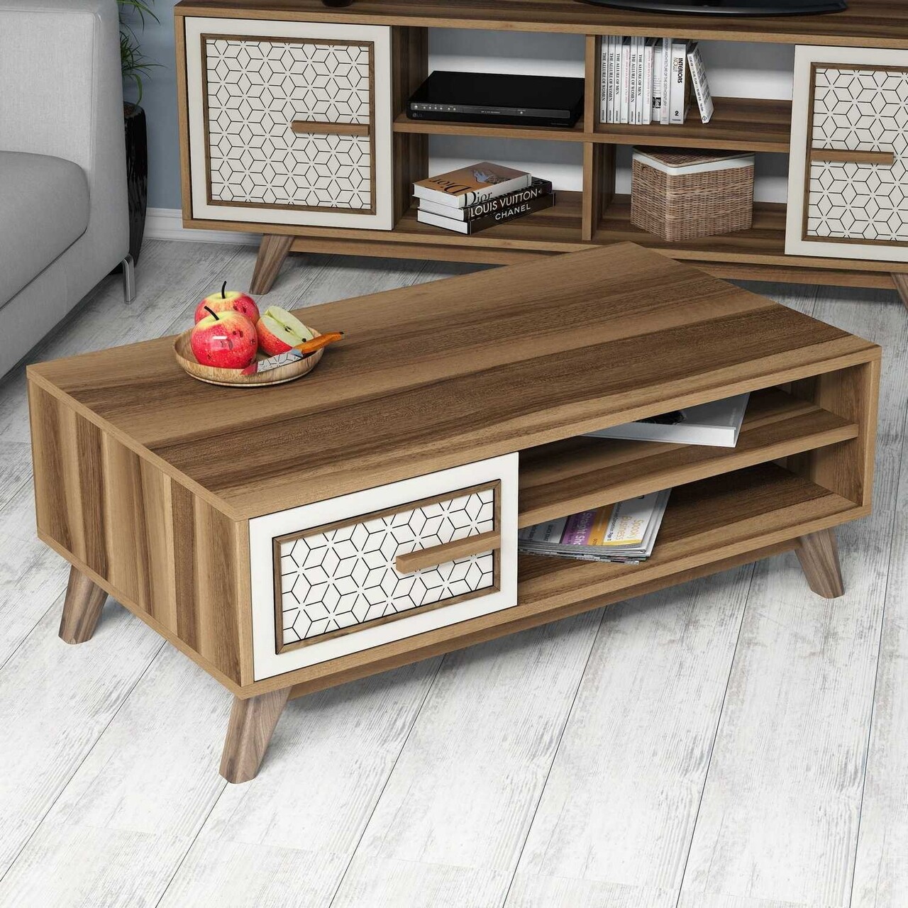 Masuta de cafea Ayla Walnut, Hommy Craft, 105x60x38,2 cm, aluna/crem - imagine 5